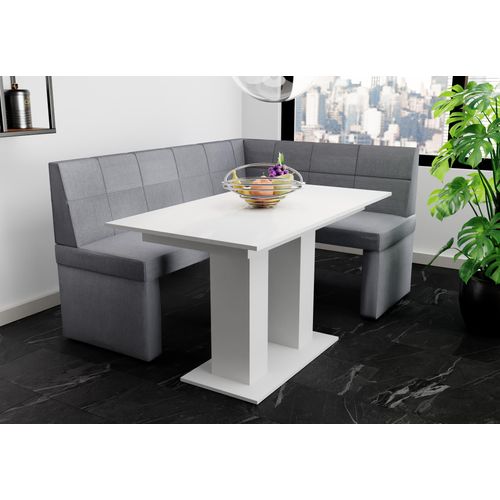 Eckbankgruppe 168x128 cm BLAKE L Stoff Soro Grau / Esstisch DANTE Weiß