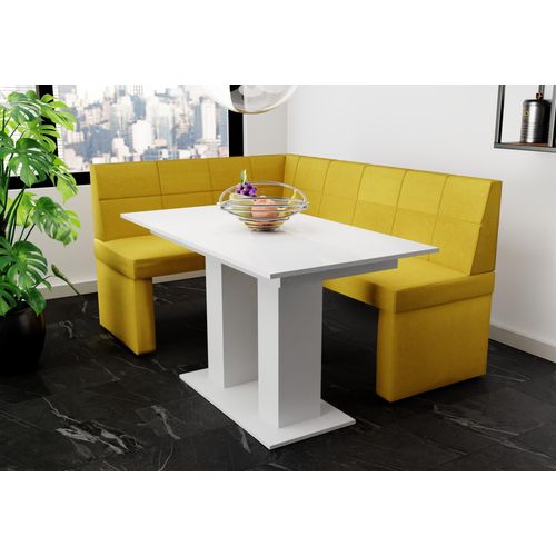 Eckbankgruppe 196x142 cm BLAKE XL R Stoff Soro Gelb / Esstisch DANTE Weiß