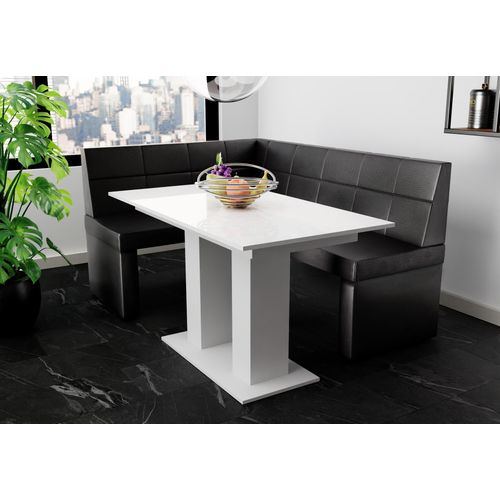 Eckbankgruppe 196x142 cm BLAKE XL R Kunstleder Schwarz / Esstisch DANTE Weiß HGL