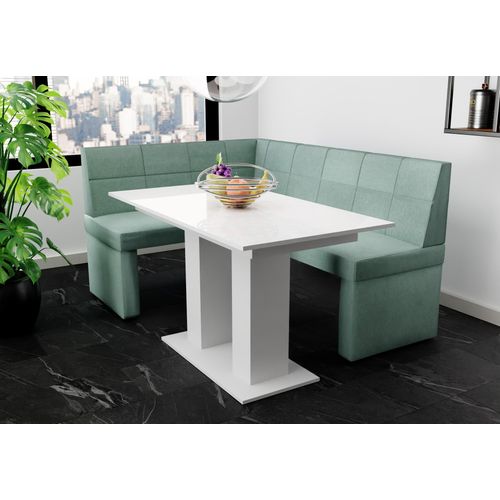 Eckbankgruppe 168x128 cm BLAKE R Stoff Soro Türkis / Esstisch DANTE Weiß HGL