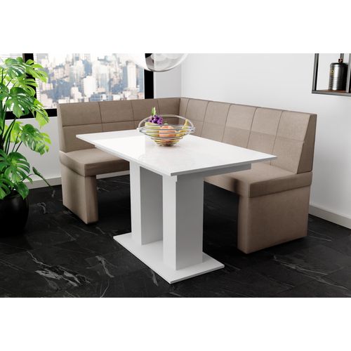 Eckbankgruppe 168x128 cm BLAKE R Stoff Soro Taupe / Esstisch DANTE Weiß HGL