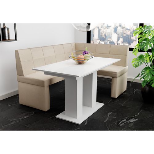 Eckbankgruppe 168x128 cm BLAKE L Stoff Soro Creme / Esstisch DANTE Weiß