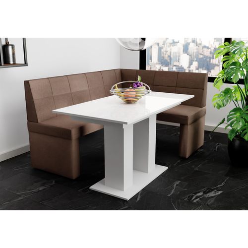 Eckbankgruppe 168x128 cm BLAKE L Stoff Soro Braun / Esstisch DANTE Weiß HGL