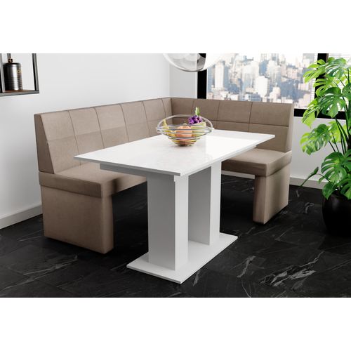 Eckbankgruppe 168x128 cm BLAKE L Stoff Soro Taupe / Esstisch DANTE Weiß HGL