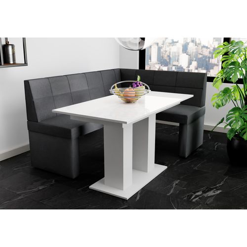 Eckbankgruppe 168x128 cm BLAKE L Stoff Soro Anthrazit / Esstisch DANTE Weiß HGL