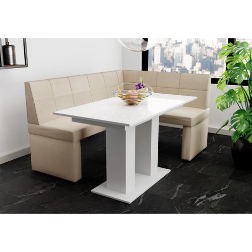 Eckbankgruppe 168x128 cm BLAKE L Stoff Soro Creme / Esstisch DANTE Weiß HGL