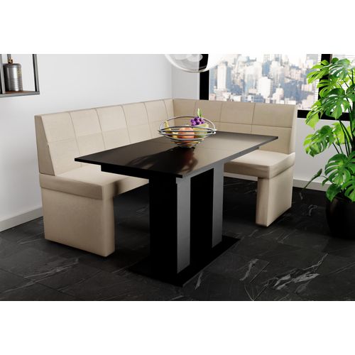 Eckbankgruppe 168x128 cm BLAKE L Stoff Soro Creme / Esstisch DANTE Schwarz
