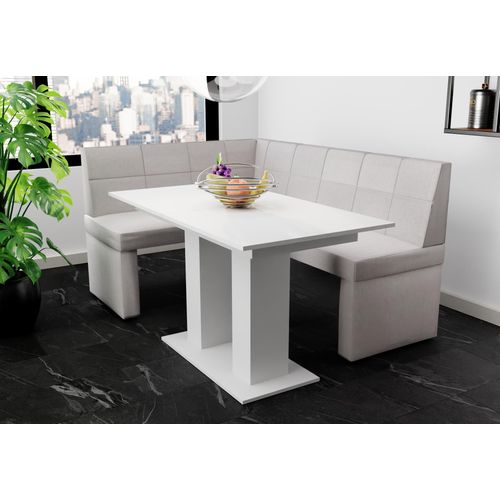 Eckbankgruppe 196x142 cm BLAKE XL R Stoff Soro Lichtgrau / Esstisch DANTE Weiß
