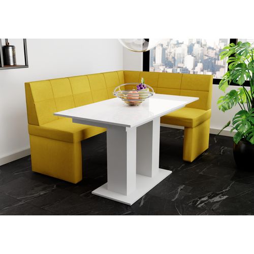 Eckbankgruppe 168x128 cm BLAKE L Stoff Soro Gelb / Esstisch DANTE Weiß HGL