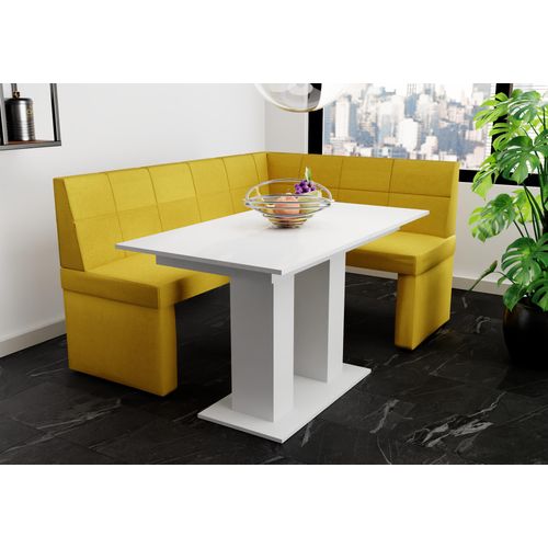 Eckbankgruppe 196x142 cm BLAKE XL L Stoff Soro Gelb / Esstisch DANTE Weiß