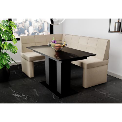 Eckbankgruppe 168x128 cm BLAKE R Stoff Soro Creme / Esstisch DANTE Schwarz