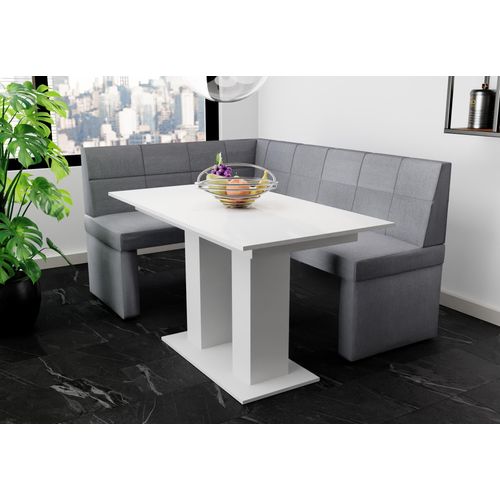 Eckbankgruppe 168x128 cm BLAKE R Stoff Soro Grau / Esstisch DANTE Weiß
