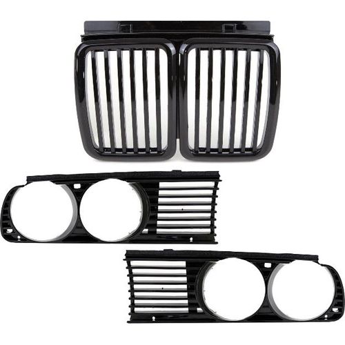 Set Scheinwerferblenden +Kühlergrill hochglanz schwarz passt für BMW 3er E30 ab Facelift 1987-1992