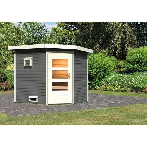 Saunahaus Karibu Rubin 2 ohne Ofen mit Holztüre und Klarglas terragrau/weiß