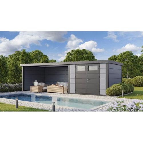 Gartenhaus Classico 3030 inkl. Lounge 4530 links mit Seitendach, Rück- und Seitenwand 782 x 318 cm lichtgrau