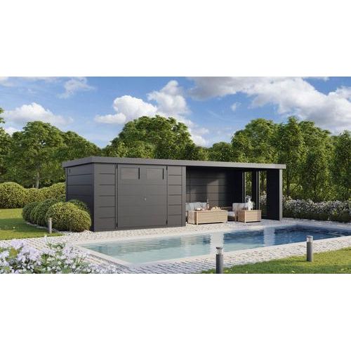 Gartenhaus Classico 3330 inkl. Lounge 4530 rechts mit Seitendach, Rück- und Seitenwand inkl. Fenster 812 x 318 cm granitgrau