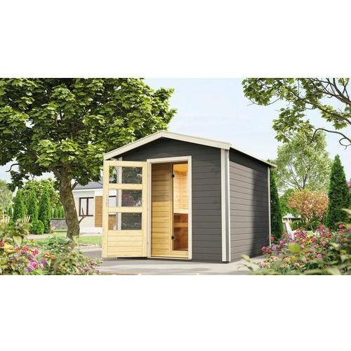 Saunahaus Karibu Nosse 1 ohne Ofen mit Vorraum und Holztüre mit Klarglas terragrau/weiß