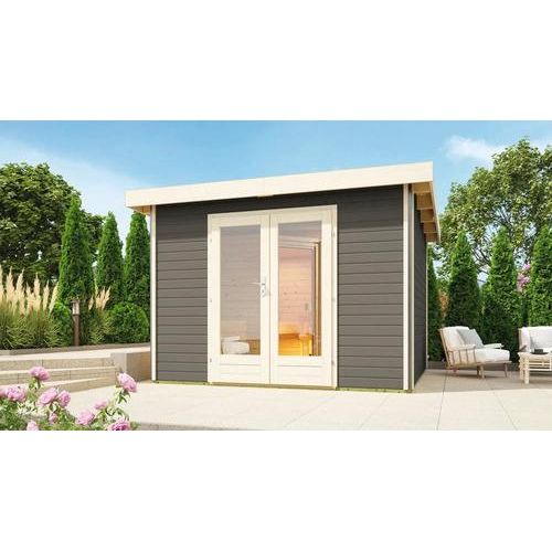 Saunahaus Karibu Sainburga 1 Set B ohne Ofen mit Vorraum und Holztüre mit Klarglas terragrau/weiß