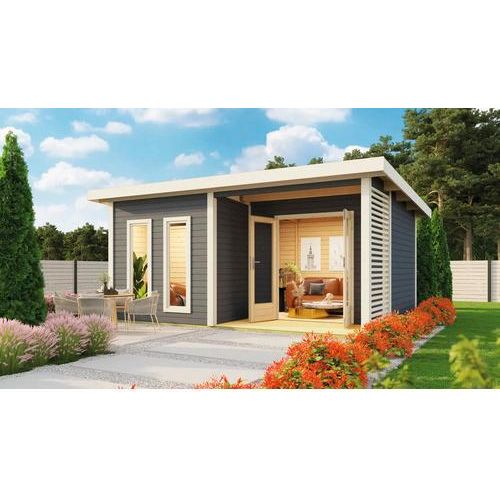 Saunahaus Karibu Sainburga 5 Set B ohne Ofen mit Vorraum, Fenster und Holztüre mit Klarglas terragrau/weiß