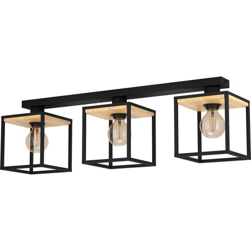 EGLO Deckenleuchte Libertad, 3-flammige Deckenlampe, Wohnzimmerlampe Decke aus Metall in Schwarz und Holz in Natur, Deckenbeleuchtung mit E27 Fassung