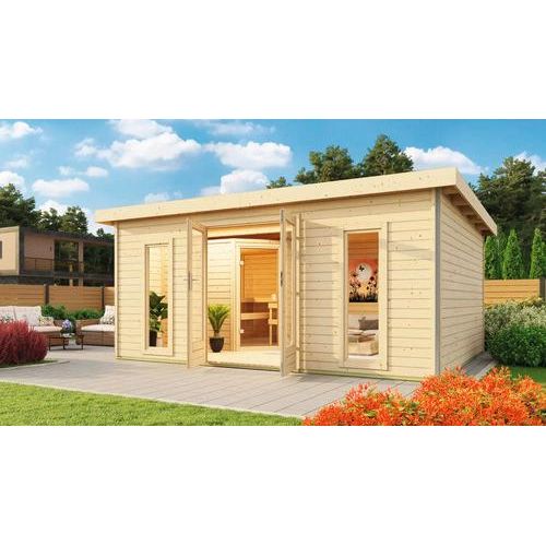 Saunahaus Karibu Sainburga 4 Set B inkl. 9 kWOfen u.ext. Steuerung mit Vorraum, Fenster und Holztüre mit Klarglas