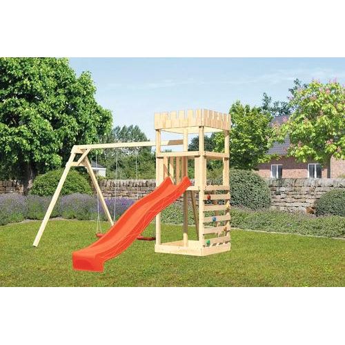 Spielturm Spielhaus Karibu 107 x 107 cm Holz bestehend aus Rutsche, 2 Brettschaukeln, Kletterwand rot