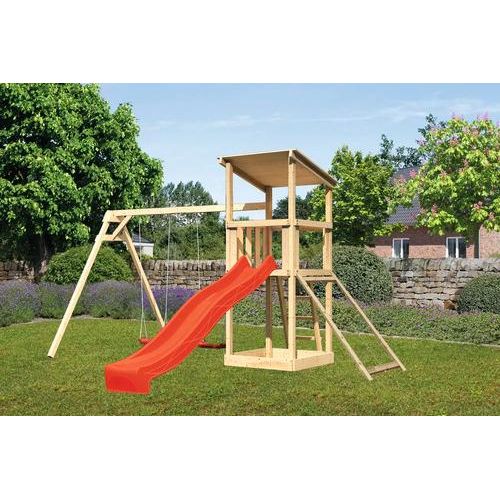 Spielturm Spielhaus Karibu Anna 107 x 107 cm Holz bestehend aus Rutsche, 2 Brettschaukeln, Netzrampe rot