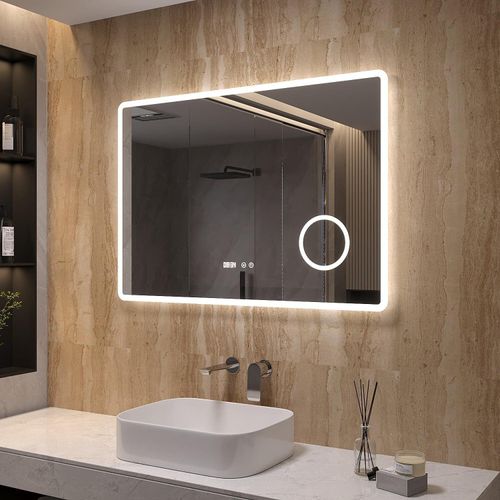 Badezimmerspiegel mit LED Beleuchtung und Uhr 100x70cm BORAS Typ D | Kosmetikspiegel Digital Uhr Touch Sensor Dimmbar Antibeschlag Kaltweiß 6400K
