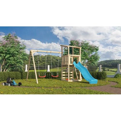 Spielturm Spielhaus Karibu 107 x 107 cm Holz bestehend aus Rutsche, 2 Brettschaukeln, Kletterwand blau