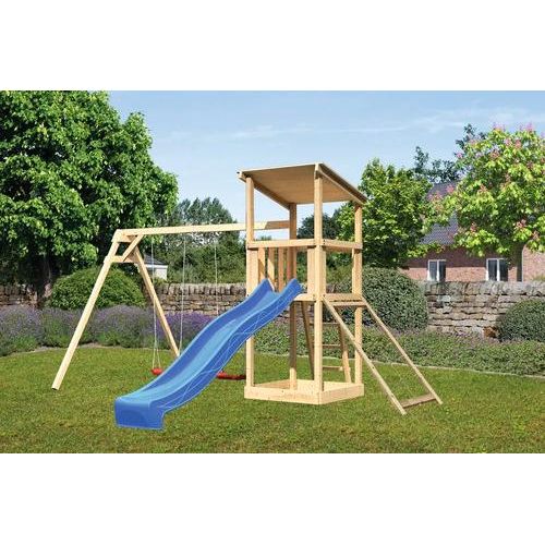 Spielturm Spielhaus Karibu Anna 107 x 107 cm Holz bestehend aus Rutsche, 2 Brettschaukeln, Netzrampe blau