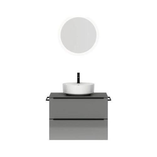 Badmöbel-Set NOBILIA Programm 3 BxHxT 81 x 169,1 x 48,7 cm Frontfarbe grau hochglanz mit Aufsatz-Waschtisch weiß und Spiegel rund mit LED-Beleuchtung Griffleiste schwarz 405