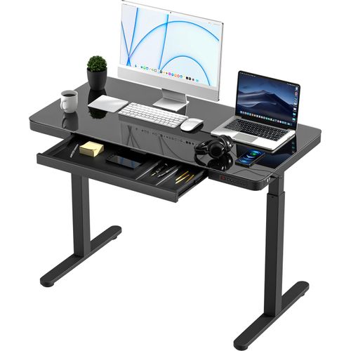 KOWO Elektrisch Hoehenverstellbarer Schreibtische Glas Bürotisch 120x60 cm mit Wireless Charger & mit Smartem Touchpad und USB-A & C Schwarz