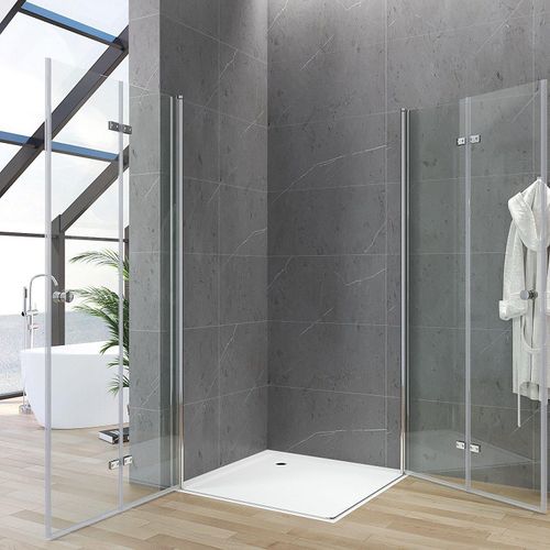 AQUALAVOS Eckeinstieg Drehfalttür 120x75x187cm Klarglas Chromoptik Hebe-Senk-Funktion