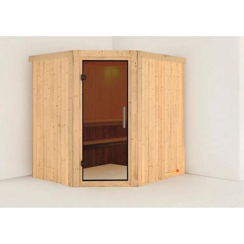 Plug & Play Sauna Karibu Silja ohne Ofen ohne Dachkranz mit graphitfarbeneer Ganzglastüre
