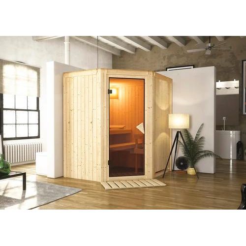 Plug & Play Sauna Karibu Monja ohne Ofen und Dachkranz mit bronzierter Ganzglastüre