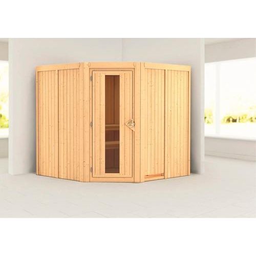 Elementsauna Karibu Jarina ohne Ofen und Dachkranz mit Holztüre und Isolierglas wärmegedämmt