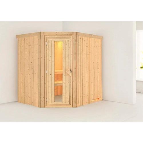 Plug & Play Sauna Karibu Silja ohne Ofen und Dachkranz mit Holztüre und Isolierglas wärmegedämmt