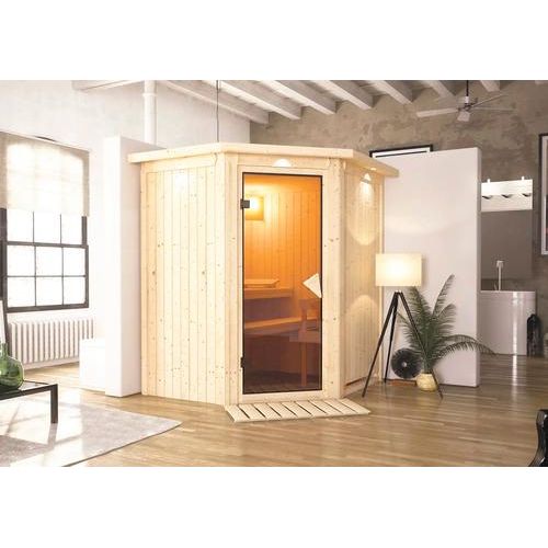 Plug & Play Sauna Karibu Achat III ohne Ofen mit Dachkranz und bronzierter Ganzglastüre