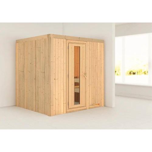 Plug & Play Sauna Karibu Maria ohne Ofen und Dachkranz mit Holztüre und Isolierglas wärmegedämmt