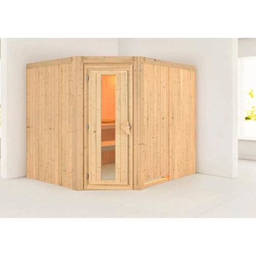 Elementsauna Karibu Malina ohne Ofen und Dachkranz mit Holztüre und Isolierglas wärmegedämmt
