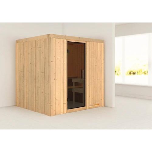 Plug & Play Sauna Karibu Maria ohne Ofen ohne Dachkranz mit graphitfarbiger Ganzglastüre