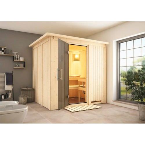 Plug & Play Sauna Karibu Achat VIII ohne Ofen mit Dachkranz und graphitfarbiger Ganzglastüre