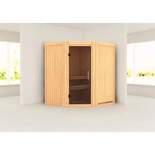 Plug & Play Sauna Karibu Monja ohne Ofen ohne Dachkranz mit graphitfarbiger Ganzglastüre