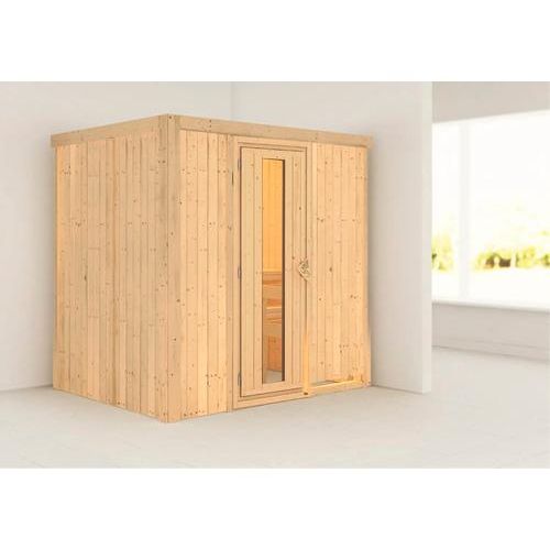 Plug & Play Sauna Karibu Wanja ohne Ofen und Dachkranz mit Holztüre und Isolierglas wärmegedämmt