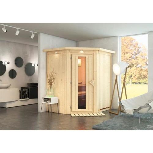 Plug & Play Sauna Karibu Achat III ohne Ofen mit Dachkranz und Holztüre mit Isolierglas wärmegedämmt
