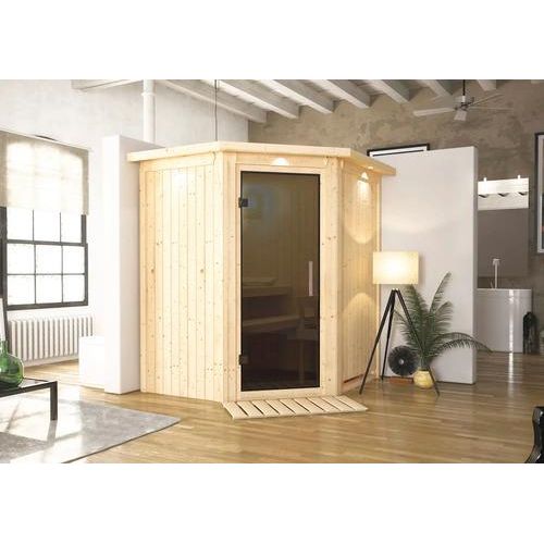 Plug & Play Sauna Karibu Achat III ohne Ofen mit Dachkranz und graphitfarbiger Ganzglastüre
