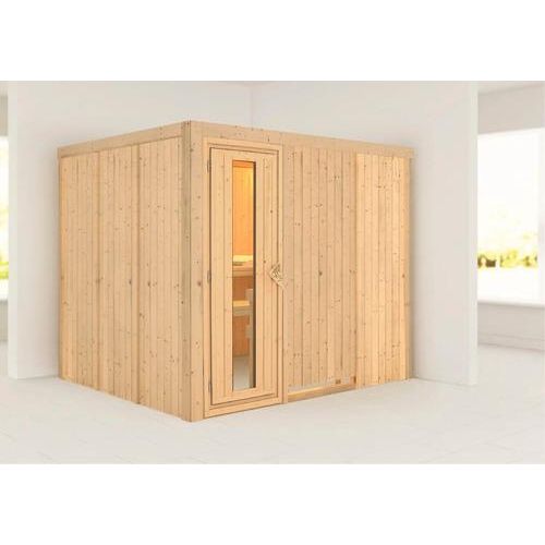 Elementsauna Karibu Gobina ohne Ofen und Dachkranz mit Holztüre und Isolierglas wärmegedämmt