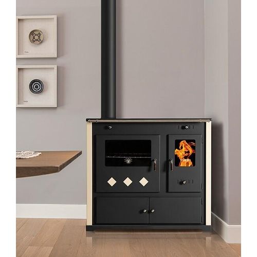 Kaminofen mit Backfach und Herdplatte Pracktik Lux Beige LINKS Holzofen 9,5 kW Kamin Ofen Dauerbrandofen Werkstattofen Schwedenofen Hüttenofen Heizofen Mit Keramikoberplatte