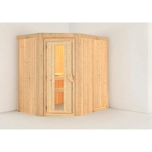 Plug & Play Sauna Karibu Laja ohne Ofen und Dachkranz mit Holztüre und Isolierglas wärmegedämmt