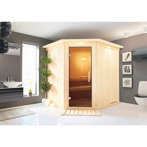 Plug & Play Sauna Karibu Achat VII ohne Ofen mit Dachkranz und graphitfarbiger Ganzglastüre